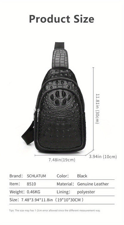 SCHLATUM Genuine Leather Crocodile Pattern Sling Bag - Black, Large-Capacity Multifunctional Crossbody Backpack for Travel, Sports & Camping, Stylish Zipper Closure Design