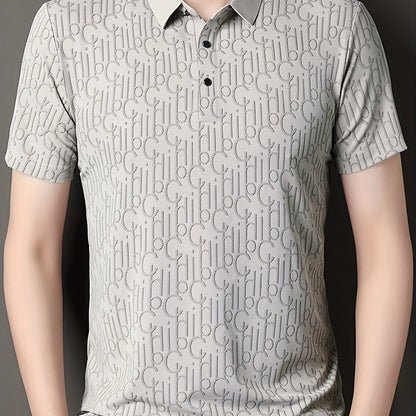 Men'S Casual Summer Short Sleeve T-Shirt with "Gil" Letter Print, Light Gray, Button-Up Collar, Medium Stretch Fabric, Regular Fit, Perfect for Weekend Outings, Relaxed Outing Shirt | Letter Print Tee | Medium Stretch Fabric