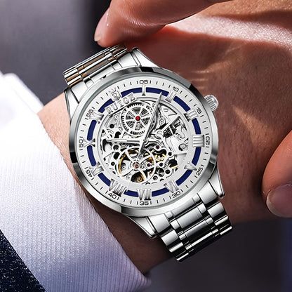 Dianpai Men'S Luxury Automatic Mechanical Watch - Skeleton Design, Stainless Steel Strap, Blue & White Dial, Mechanical Movement, Ideal for Christmas, Thanksgiving, and Spring Festival, Without Battery