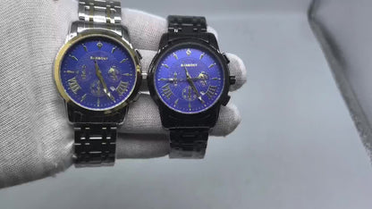 BANBONY Automatic Quartz Watch for Men & Women - Stainless Steel Strap, Blue & Golden HD Large Dial, IPX7 Waterproof, Rhinestone Accents, Date Calendar, Luminous Hands - Casual Fashion Unisex Watch for Birthday Holiday Gifts,