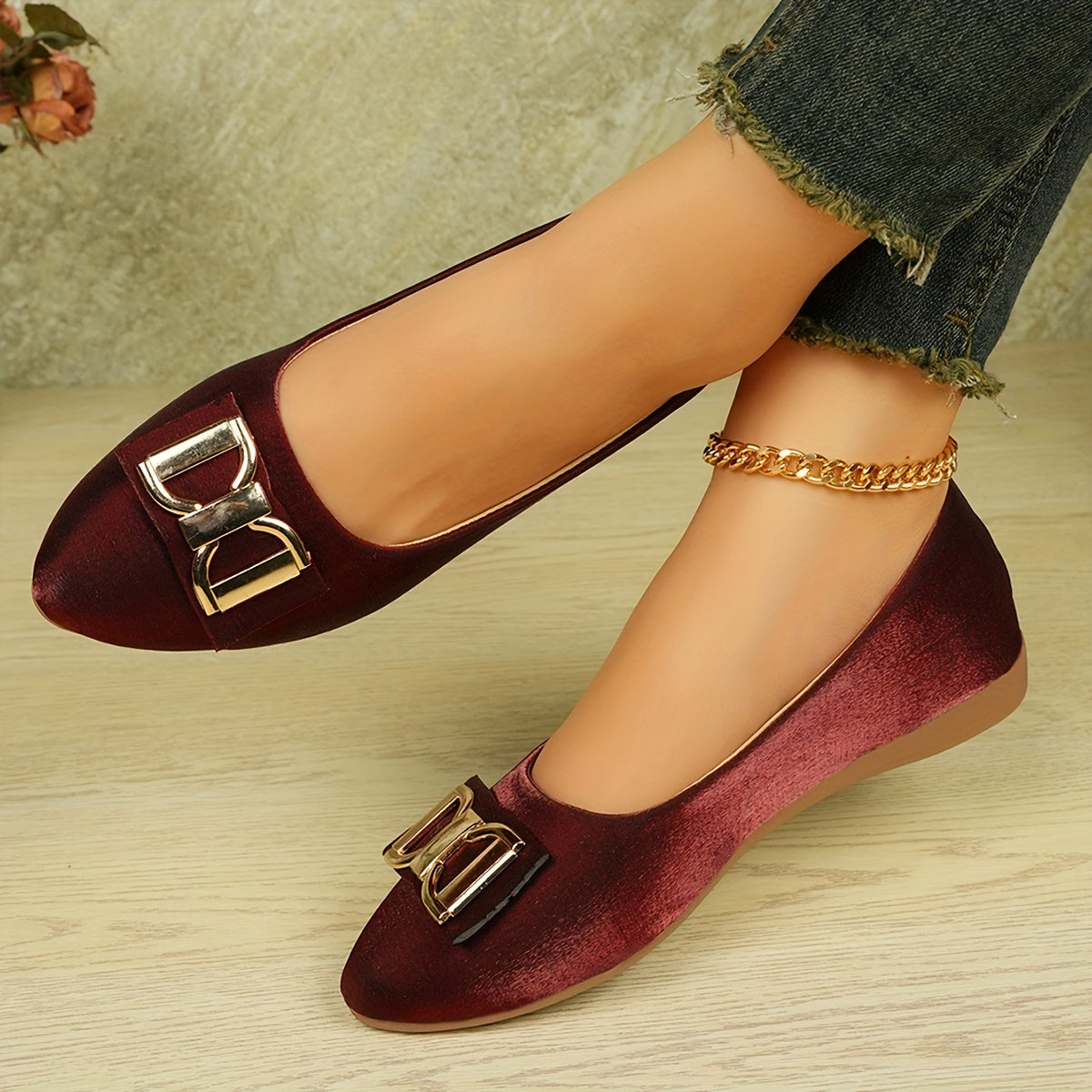 Women's Elegant Red Slip-On Flats with Golden Double Buckle Design - Comfortable Faux Cover Shoes for All Seasons, Pointed Toe Rubber Sole, Perfect for Casual or Dressy Occasions, Dressy Flats | Buckle Embellished Shoes | Lux