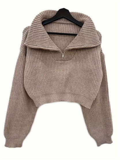 Autumn and Winter Half-Zip Short Fashion Lantern Sleeve Pullover Sweater to Show Your Figure and Versatile