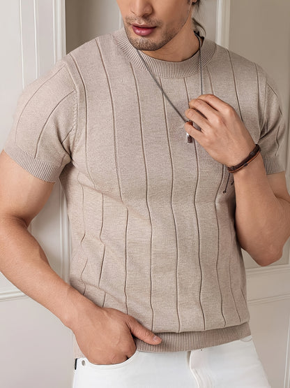 Men's Slim Fit Striped Textured Knit Crew Neck T-Shirt - High Elasticity Short Sleeve Casual Top for Spring/Autumn, Breathable Daily Leisurewear, Spring Fashion, Classic Style, Durable Construction, Pullover Shirt, Stylish Me