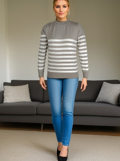 Striped Crew Neck Pullover Sweater, Casual Long Sleeve Versatile Sweater, Women's Clothing