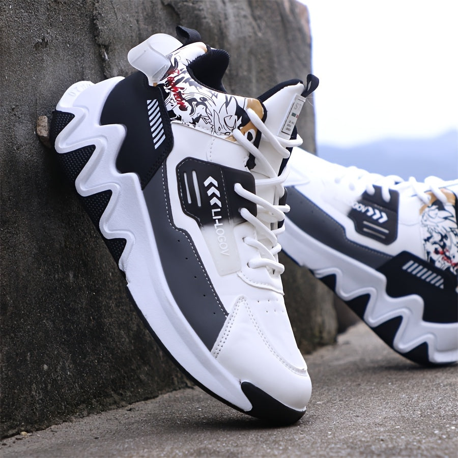 Men's High-Top Basketball Sneakers, Preppy Street Style, Solid Color with Cartoon & Stripes, All-Season Lace-Up Sports Shoes, Faux Upper, Fabric Inner, Rubber Sole, for Running, Hiking & Casual Wear, Outdoor Activities Shoes