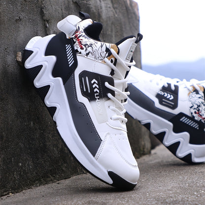Men's High-Top Basketball Sneakers, Preppy Street Style, Solid Color with Cartoon & Stripes, All-Season Lace-Up Sports Shoes, Faux Upper, Fabric Inner, Rubber Sole, for Running, Hiking & Casual Wear, Outdoor Activities Shoes