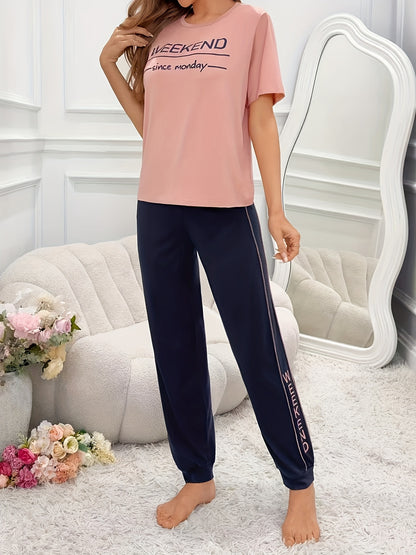 Women'S Short-Sleeve Round Neck Printed Letter Top with Color-Blocked Long Pants, a Set of Pajamas And Loungewear.