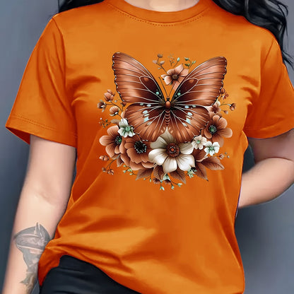 Women'S Floral Butterfly Print T-Shirt, Short Sleeve Crew Neck Casual Top for Spring & Summer, Vibrant Green with White & Blue Flowers, Perfect Birthday or Holiday Gift, Everyday Fashion | Vibrant Casual Top | Glossy Texture