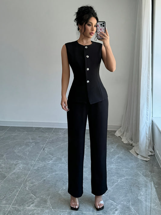Elegant Crew Neck Pantsuit, Solid Color Sleeveless Suit, Polyester Blend Woven Fabric, Chic Office Wear for Women, for Spring/Fall