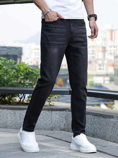 Men's Solid Skinny Cotton Blend Denim Jeans, All Seasons Wearable Medium Stretch Washed Jeans, Suitable For Daily And Outing Wear