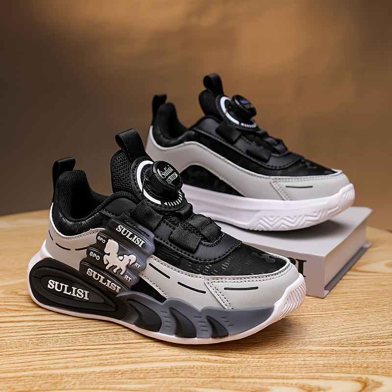 Kid's Trendy Colour Block Sneakers with Rotating Buckle, Comfy Non Slip Durable Shoes for Boy's & Girl's Outdoor Activities