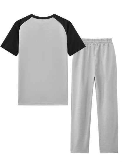 Men's Casual Mixed Color Spliced Set: Shirt and Drawstring Pants, Clean and Comfortable