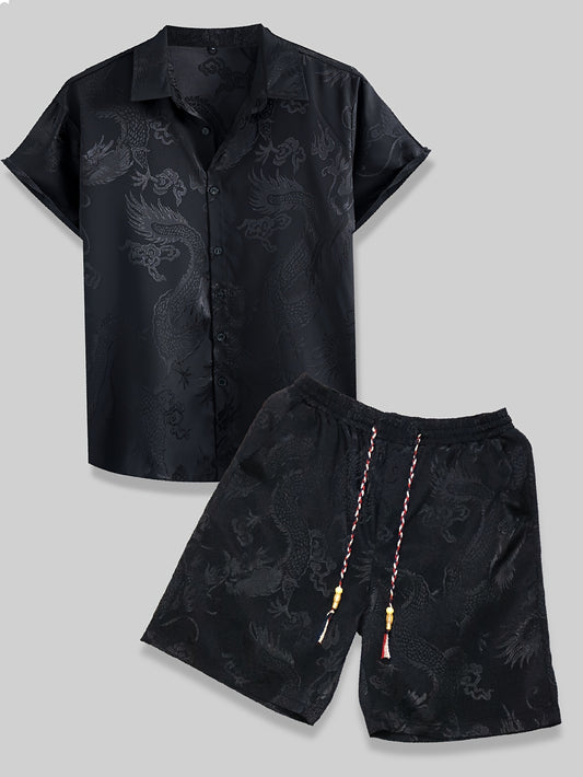 HZCX FASHION Men'S Vintage Summer Beachwear Set - Casual Button-Up Shirt & Drawstring Shorts with Traditional Dragon Design, Non-Stretch Fabric, Regular Fit, Perfect for Casual Attire, Summer Apparel | Casual Beachwear | Draw