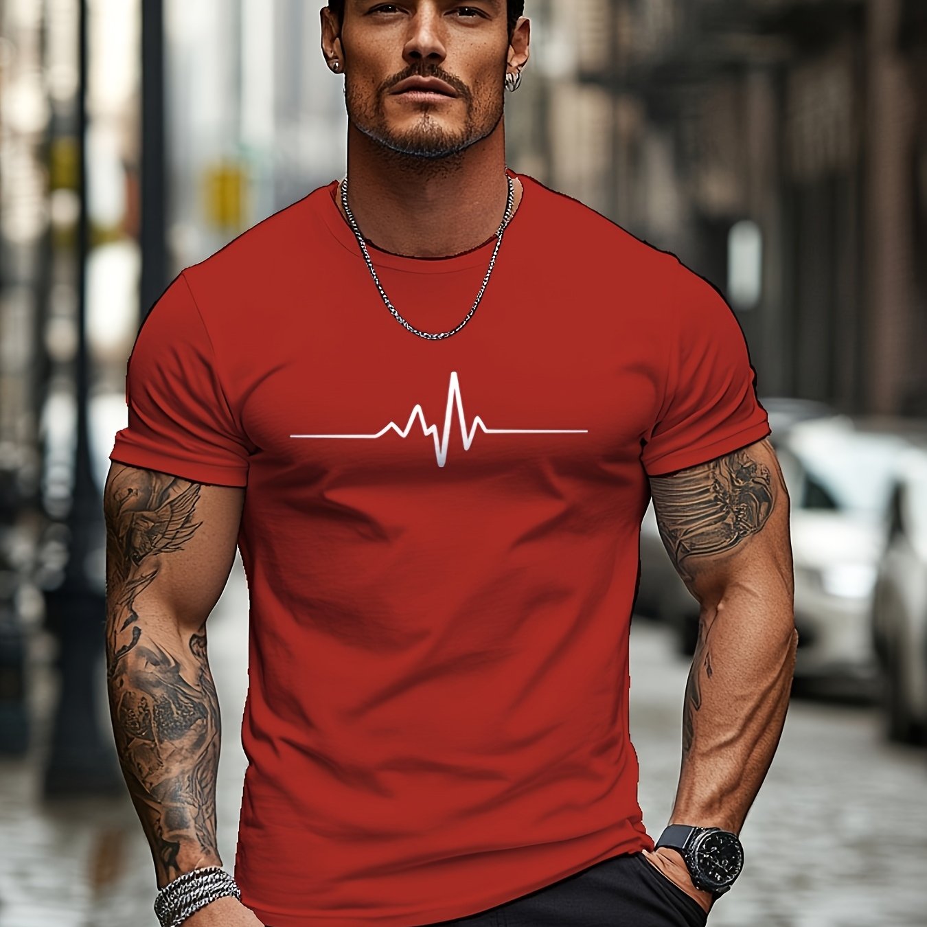 Men'S Brown T-Shirt with ECG Heartbeat Graphic - Casual Streetwear, Short Sleeve, Round Neck, Stretch Fabric, All-Season Comfort, Casual Streetwear Tee | Round Neck Tshirt | Comfortable Fit