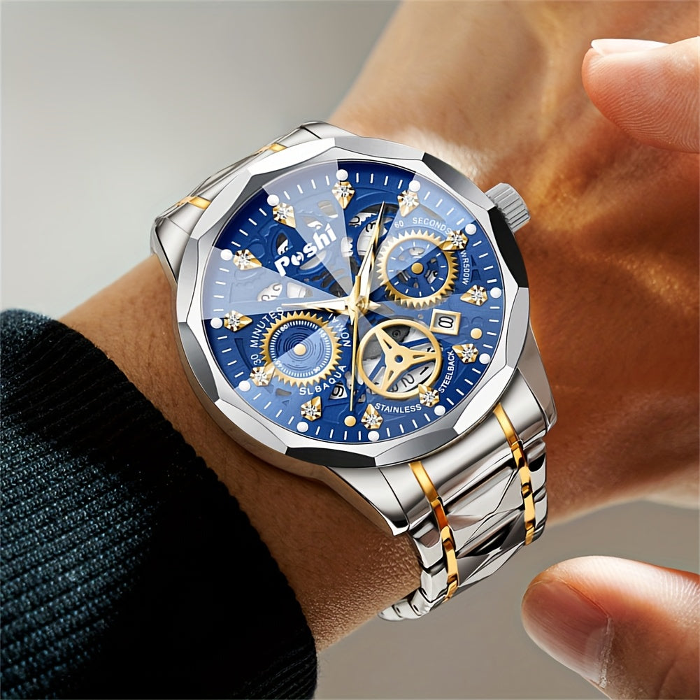 POSHI Men's Luxury Golden-Tone Quartz Watch with Rhinestone Accents, Luminous Waterproof Design, Calendar Feature, and Stylish Hexagonal Hands - Perfect Business Gift for Men, Formal Timepiece