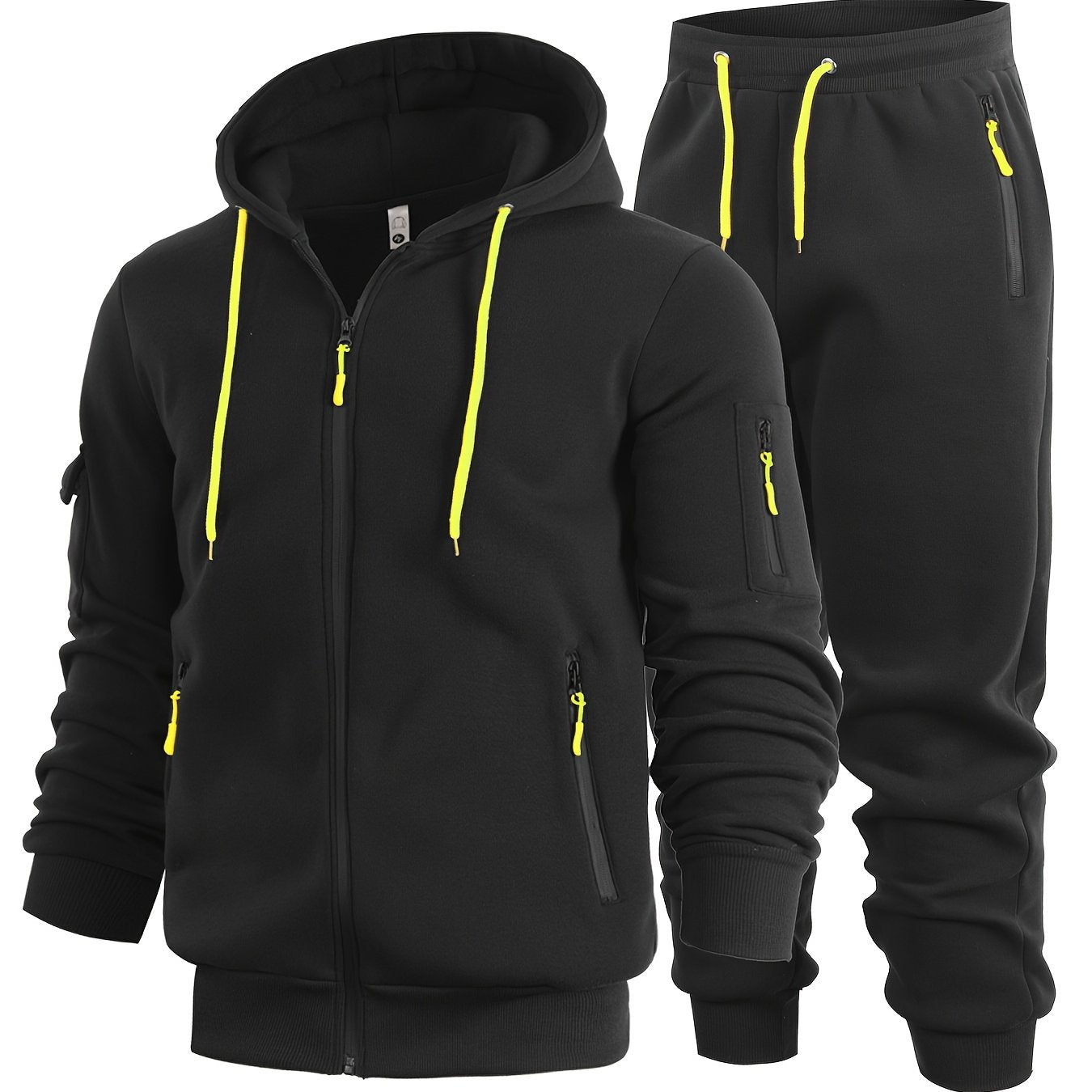 2pcs Men's Solid Color Hooded Long Sleeve Sweatshirt and Jogger Set, Suitable for Spring, Autumn, and Winter Sports Casual Outfit