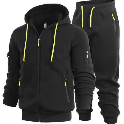 2pcs Men's Solid Color Hooded Long Sleeve Sweatshirt and Jogger Set, Suitable for Spring, Autumn, and Winter Sports Casual Outfit