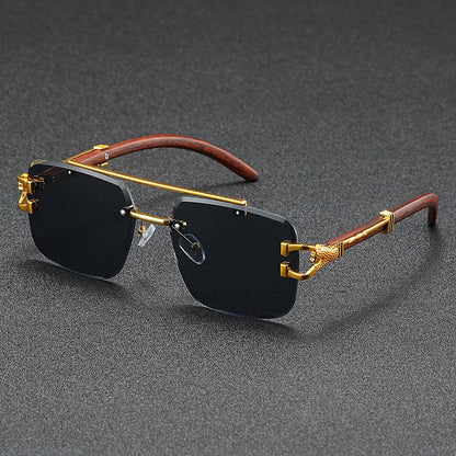 A Pair of Frameless, Beveled-Edge, Square Double-Beam Glasses, New Trendy Leopard-Print Fashion, Faux Wood Grain, Versatile for Men And Women, for Taking Photos.