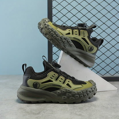 Boys' Breathable Mesh Sneakers with Rotating Button Closure - Lightweight EVA Sole, Durable PU & Fabric Upper, All-Season Outdoor Hiking Shoes for (Black/Green/Red Accents)