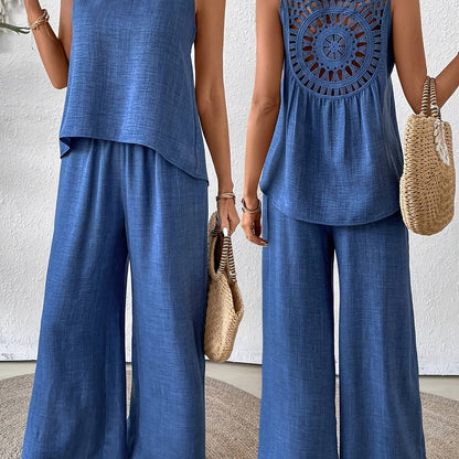 Women'S Summer Backless Cut-Out Panel Tank Top + Wide Leg Pants Set - Casual, Simple, Sleeveless, Polyester, Light Beige, Perfect for Spring/Summer, Casual Attire|Backless Top|Polyester Fabri