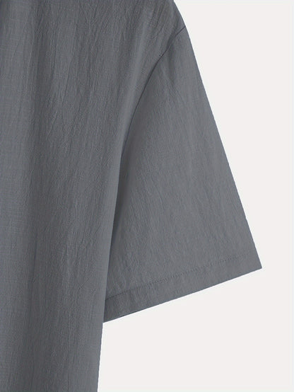 Men'S Classic Solid Color Pure Cotton And Bamboo Textured Breathable Fabric V-Neck Half-Button Design Suitable for Daily Casual Wear, Simple And Versatile, Stylish for Vacations, Hawaiian Style Light Blue Short-Sleeve Shirt.