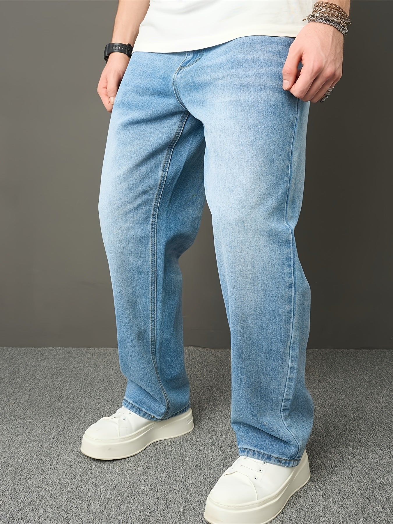 Men's High Street Fashion Solid Color Loose-Fit Denim Jeans, Casual Straight Leg Pants with Raw Wash Detail, Non-Stretch Fabric, All-Season Basic Style, Allseason Jeans | Classic Blue Jeans | Durable Jeans Construction