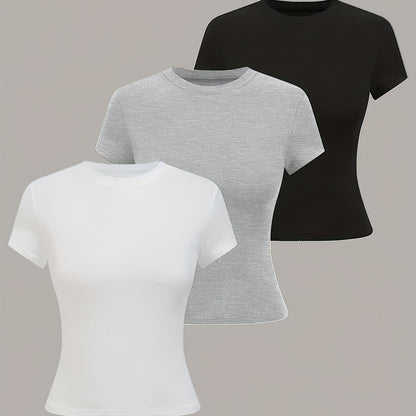 3pcs Women'S Basic Crew Neck Short Sleeve Crop T-Shirts in Black, White, and Gray - Slim Fit, Stretchy Polyester Blend, Cute & Versatile for Spring/Summer, Casual Outings, Vacation Attire | Basic Crop Top | Textur