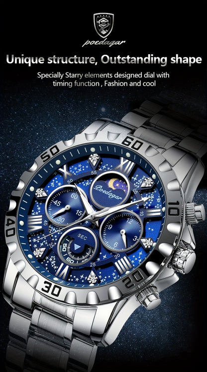 POEDAGAR Men'S Luxury Stainless Steel Quartz Watch with Moon Phase and Calendar - Waterproof, Night-Glow Hands, and Detailed Dial for Business and Formal Attire, Formal Watch | Detailed Watch Face | Quartz Movement