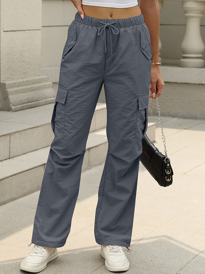 Women's Casual Light Pink Cargo Pants with Drawstring Waist, Straight Leg Fit & Flap Pockets - Polyester Long Trousers for Casual Attire, Allseason Cargo | Casual Fashion Pants | Functional Design, Ladies Pants