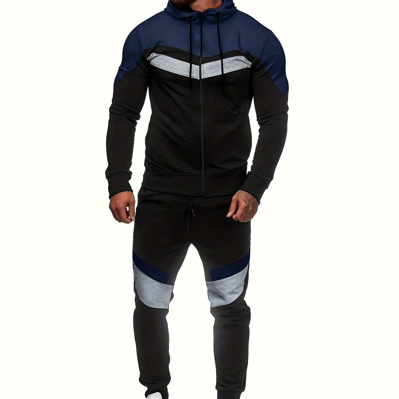 Men'S Autumn and Winter Fleece Sweatshirt Set with Hooded Drawstring Patchwork Sweatpants Casual Sporty Style Long Sleeve Jacket