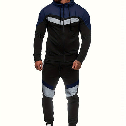 Men'S Autumn and Winter Fleece Sweatshirt Set with Hooded Drawstring Patchwork Sweatpants Casual Sporty Style Long Sleeve Jacket