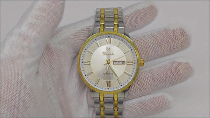 Elegant Men's Stainless Steel Quartz Watch - Luxurious Golden-Tone Business Timepiece with Dual Calendar & Luminous Hands, Waterproof - Ideal Gift for Birthdays & Anniversaries