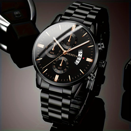 Men'S Business Round Quartz Watch with Calendar Display, Black Stainless Steel Strap, Electronic Movement, Perfect Gift for Valentine'S Day, Easter, Halloween, Ramadan, Birthdays, Christmas