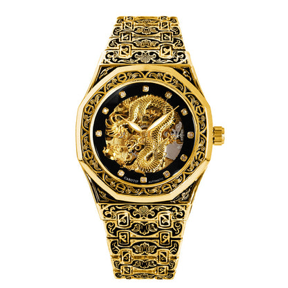 1pc Youth Men's Yellow Steel Strap Business Style Elegant Glow-in-the-Dark Carved Dragon Mechanical Watch