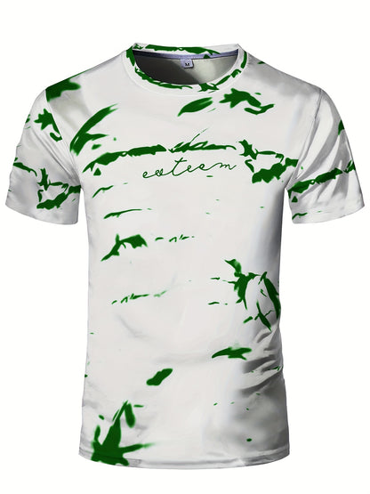 Men's High-Elasticity Anti-Tear Graffiti T-Shirt - Black & White Geometric Print, Tight-Fit Athletic Top for Gym, Running, Yoga & Casual Summer Wear, Gym Clothes, Highelastic Polyester, Short Sleeve Design