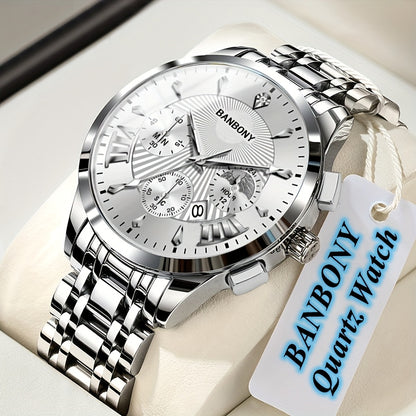 BANBONY Automatic Quartz Watch for Men & Women - Stainless Steel Strap, Blue & Golden HD Large Dial, IPX7 Waterproof, Rhinestone Accents, Date Calendar, Luminous Hands - Casual Fashion Unisex Watch for Birthday Holiday Gifts,