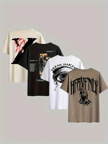 4pcs Men's Casual 3D Graphic T-Shirts - Bold Letter & Abstract Print Short Sleeve Tees, Regular Fit Round Neck, Machine Washable, All-Season Comfort, 4 Color Options, T Shirts Graphic, Edgy Streetwear, Nontransparent Fabric
