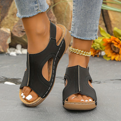 Women's Comfortable Thick-Sole Sandals - Open Toe, Closure, Beige Cover Upper with Stitching Detail, PU Cover Inner Lining, Casual Summer Shoes, Ladies Sandals