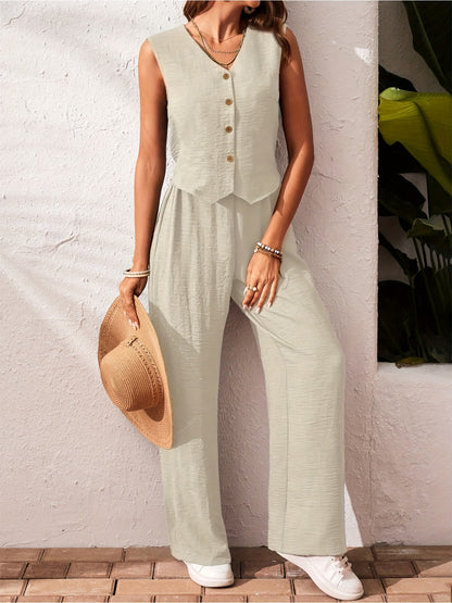 Women'S Elegant Solid Color Sleeveless V-Neck Two-Piece Set - Casual Summer Jumpsuit with Button Placket, Wide Leg Pants, and Beige Wedge Sandals, Casual Attire|Vneck Jumpsuit|Elegant Jumpsuit