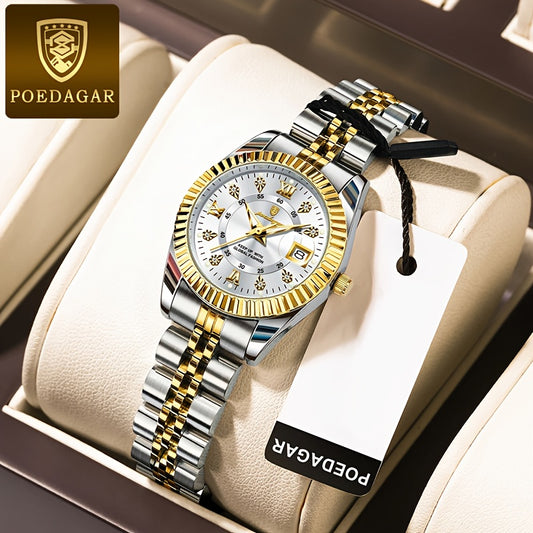 POEDAGAR Luxury Stainless Steel Women's Quartz Watch - Elegant Golden-Tone Band, (3ATM), Luminous with Calendar Feature, Date Display, and Black Rubber Strap, Casual Attire Accessory | Trendy Design | Quality Quartz Movement