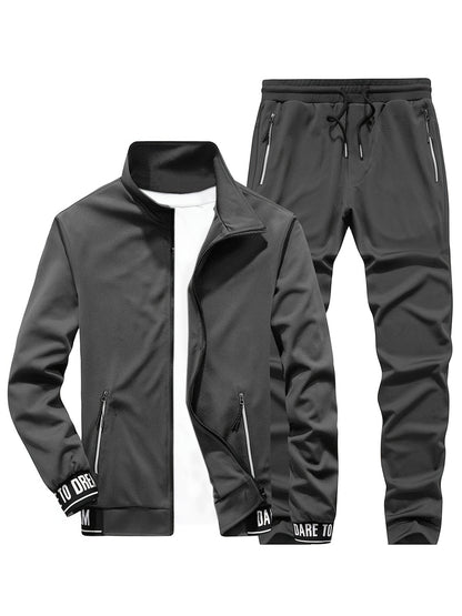 Men'S Casual Sportswear Set - Beige Zip-Up Jacket & Joggers with "DARE TO BE" Print, Long Sleeve, Pockets, and Drawstring Waist, Perfect for Running and Leisure Activities, Spring/Fall Collection, Spring Fall Attire | Zipup J