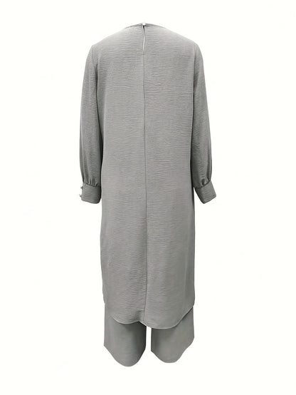 Ramadan, Women's Front-Button Long Sleeve Slit Dress & Pants Casual Arabic Style 2pcs Set, Only Clothes, Without Headscarf