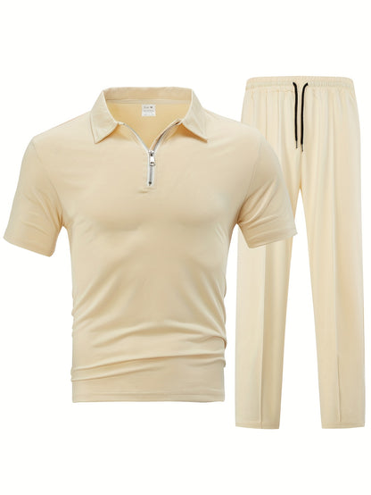New Spring Fashion Casual Polo Shirt Zipper Men'S Casual Sports Long Pants Short Sleeve Two-Piece Set