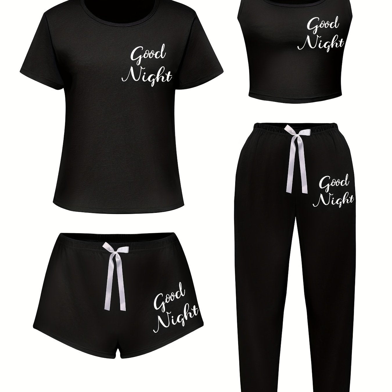 4pcs Women'S Sleepwear Set - Soft & Casual "Good Night" Print, Short Sleeve T-Shirt, Shorts & Pants with Bow Detail - Perfect for Spring, Summer, Fall & Winter - Soft, Comfortable Loungewear