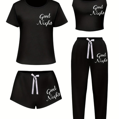 4pcs Women'S Sleepwear Set - Soft & Casual "Good Night" Print, Short Sleeve T-Shirt, Shorts & Pants with Bow Detail - Perfect for Spring, Summer, Fall & Winter - Soft, Comfortable Loungewear