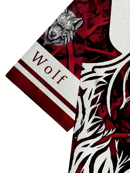 Men's polyester sportswear | Elegant and casual round neck with a Wolf head | Slightly elastic knitted strap with 3D printing | 2pcs set with normal style | Patterned short-sleeved T-shirt and trousers