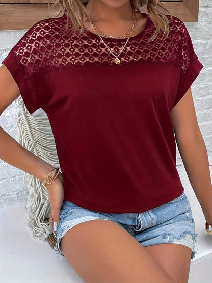 Women'S Chic Lace Trim Round Neck Short Sleeve T-Shirt - Loose Fit, Breathable Summer Top with Contrast Lace Detail, White, Casual Wear, Casual Summer Top | Lace Trim Top | Delicate Lace Detail