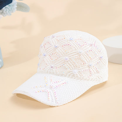 Women'S Adjustable Four-Leaf Clover Faux Pearl Baseball Cap - Breathable Mesh Summer Hat with Snap Closure, Stylish Black Design for Spring/Summer, Summer Headwear | Fashionable Headwear | Mesh Fabric Ca