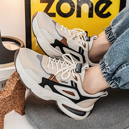 Men's Fashion Sneakers - White/Black/Brown PU Upper, Breathable Fabric Lining & Cushioned EVA Insole, Durable PVC Sole, Lace-Up Mid-Top Design for All-Season Casual & Daily Wear, High Top Sneakers, Versatile Footwear, Modern