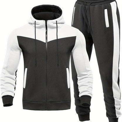 Men'S Casual Hoodie Set for Autumn And Winter, Featuring a Hooded Sweatshirt And a Sporty Cardigan in a Patchwork Design.